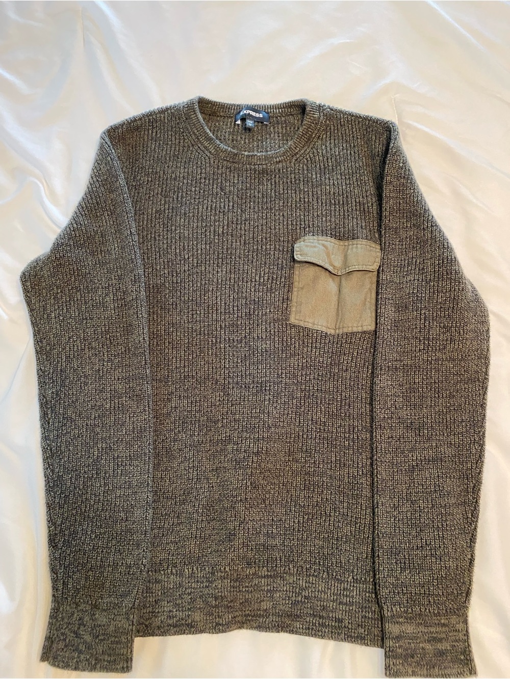 Express Men’s Olive Green Commando Crewneck Knit Sweater with Chest Pocket